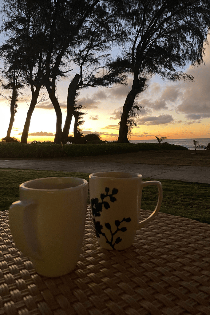 Two coffee mugs rest on a wicker table as the golden light of sunrise streams through ironwood trees along the beach in Kauai.