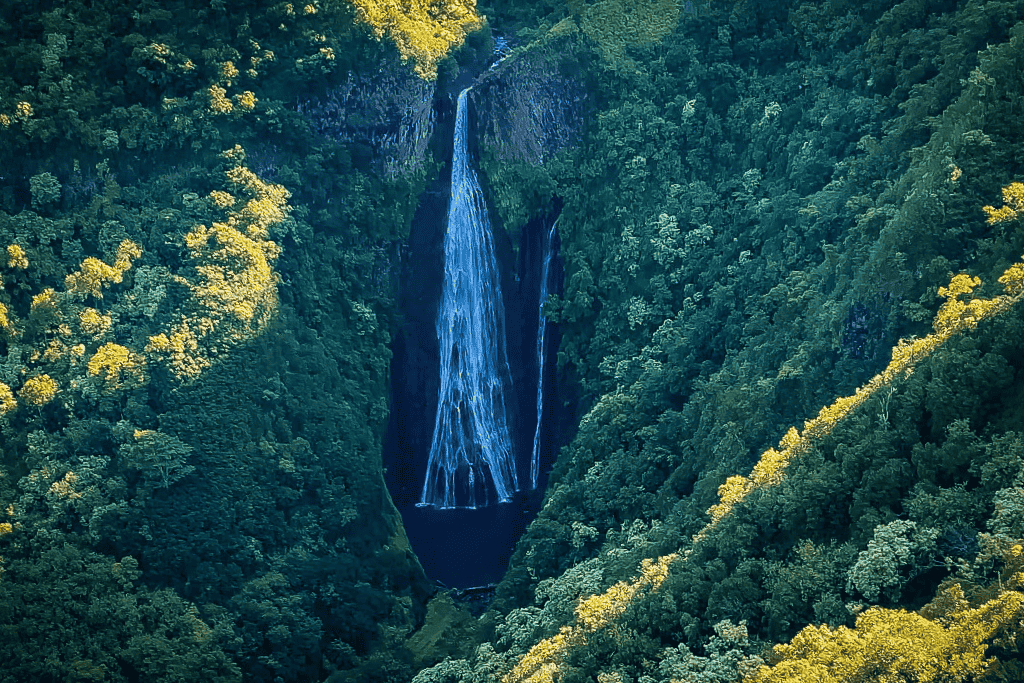 Aerial view of the stunning Manawaiopuna Falls, also known as “Jurassic Falls,” cascading down a cliff into a lush, forested valley in Kauai.