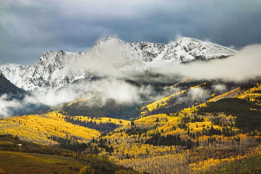 Snow-covered mountain peaks rise above a landscape of vibrant yellow aspen trees, with dark green evergreens dotting the hillsides. Low clouds and mist drift across the scene, creating a dramatic contrast between the snowy summits and the autumn colors below.