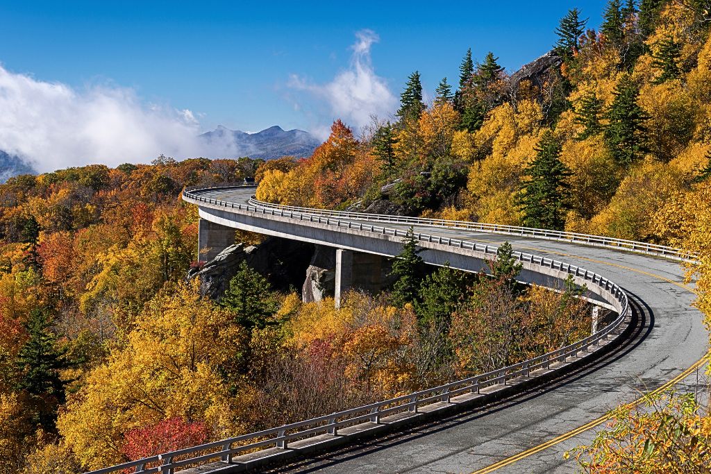 The Linn Cove Viaduct, an iconic curved section of the Blue Ridge Parkway, winds through a vibrant landscape of autumn foliage. The trees are ablaze with yellow, orange, and red hues, while the road gracefully follows the contours of the mountainside. Set against a bright blue sky and distant misty mountains.