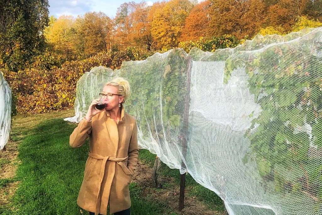 Kate from Kate's Crossing Blog in a tan coat enjoys a glass of red wine while standing between rows of grapevines covered in protective netting at a Napa Valley vineyard during fall. The background features vibrant autumn foliage in shades of orange and yellow, enhancing the seasonal atmosphere.