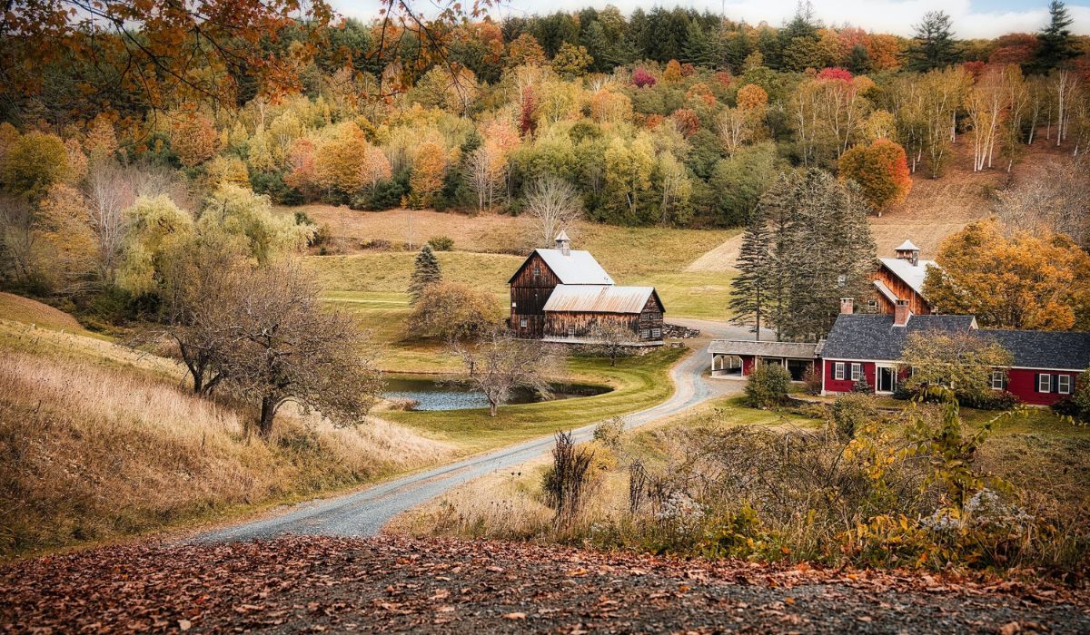 A scenic view of Sleepy Hallow farm in autumn, surrounded by rolling hills covered in colorful foliage. The farm includes a rustic barn, a small pond, and a red farmhouse connected by a winding gravel road. The landscape is framed by trees with leaves in shades of orange, yellow, and red, capturing the essence of fall.