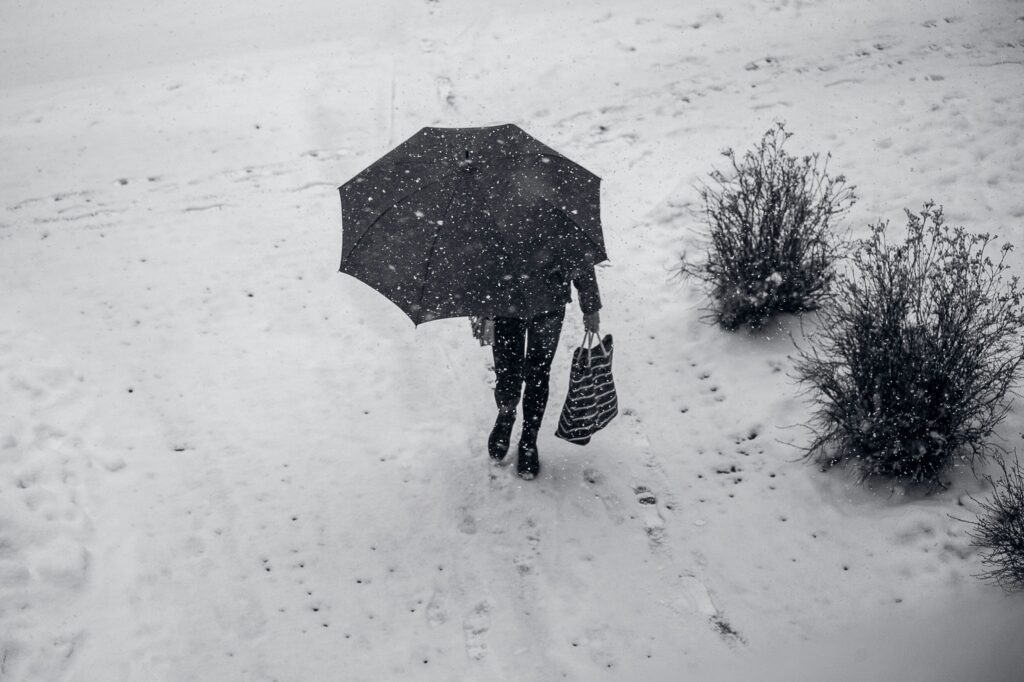 A person walks through a snow-covered landscape holding an umbrella and a striped bag, with snow falling all around. Dressed in dark winter attire, the person leaves footprints in the fresh snow.