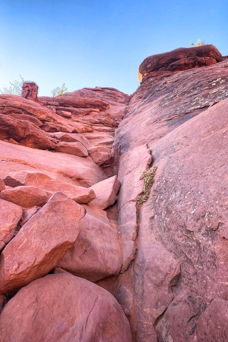 A steep, rocky section of the Cathedral Rock Trail in Sedona, showing the challenging terrain and red rock formations against a clear blue sky.