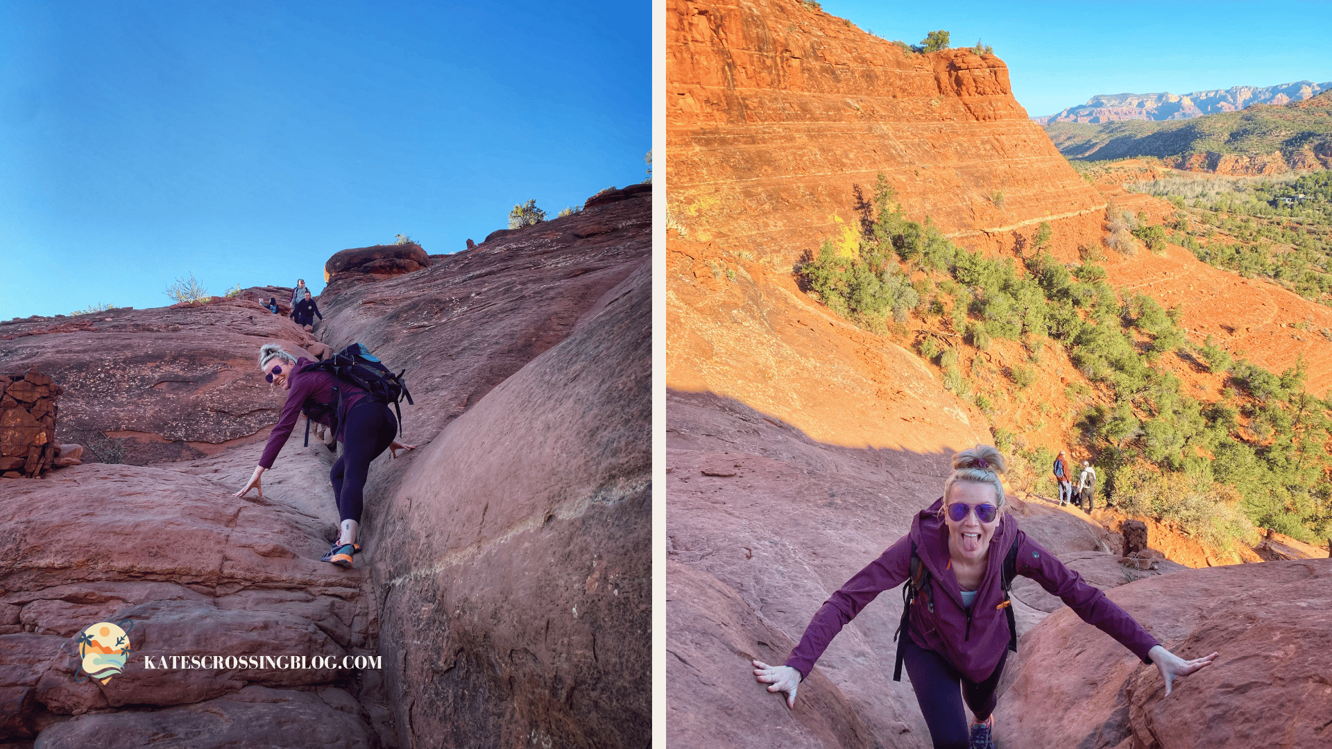 Kate climbing up the steep, rocky terrain of Cathedral Rock Trail in Sedona, with a vibrant red rock backdrop and clear blue sky.