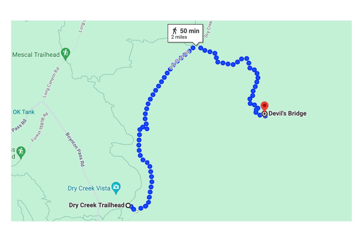 Map showing a 50-minute, 2-mile walking route from Dry Creek Trailhead to Devil's Bridge in Sedona, Arizona.