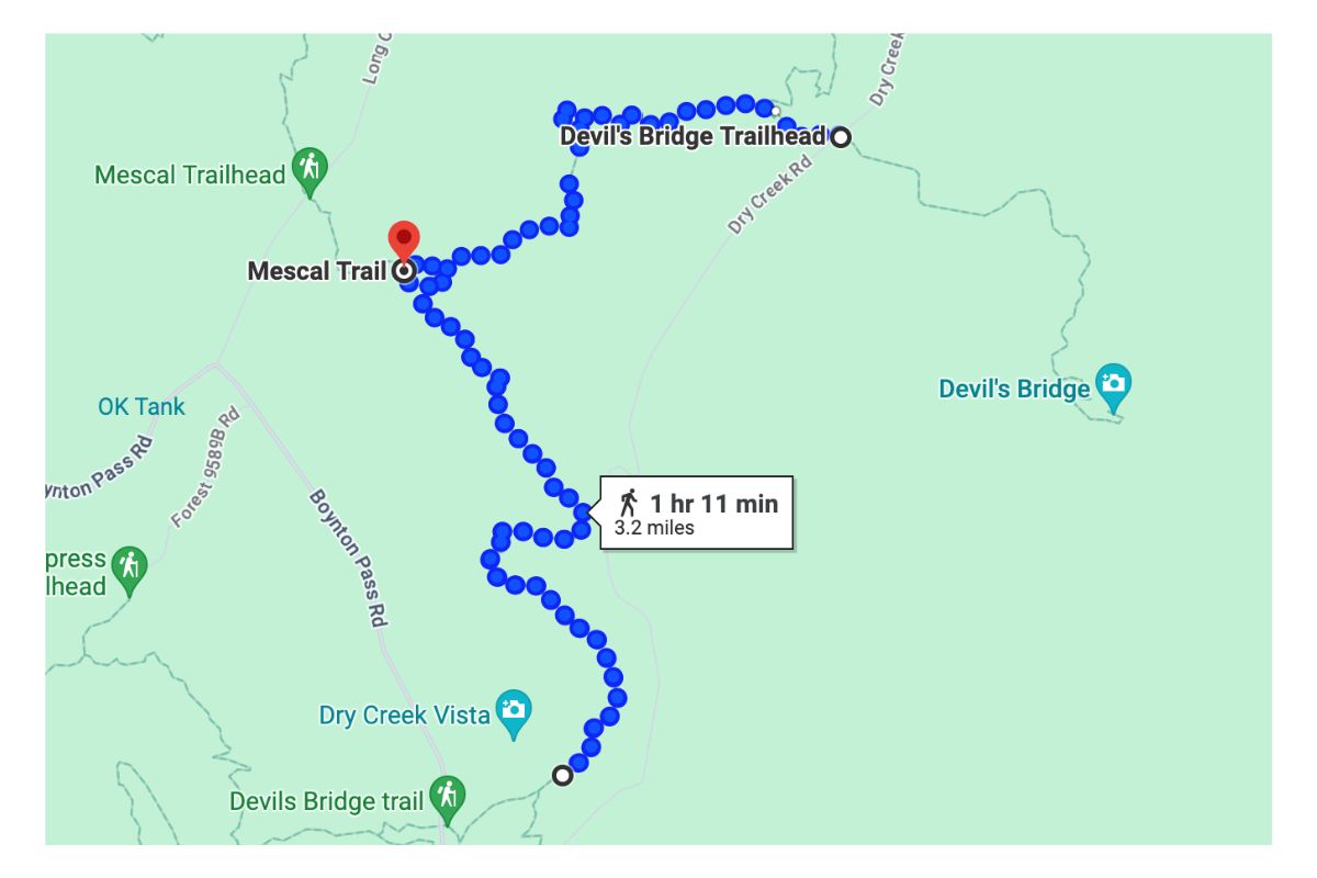 Map showing a 1 hour 11-minute, 3.2-mile walking route from Chuckwagon Trailhead to Devil's Bridge in Sedona, Arizona.