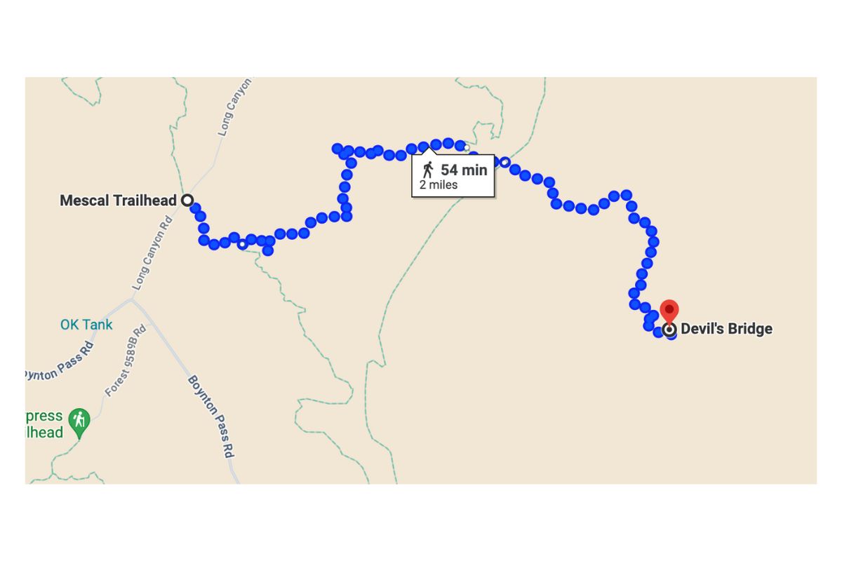 Map showing a 54-minute, 2-mile walking route from Mescal Trailhead to Devil's Bridge in Sedona, Arizona.