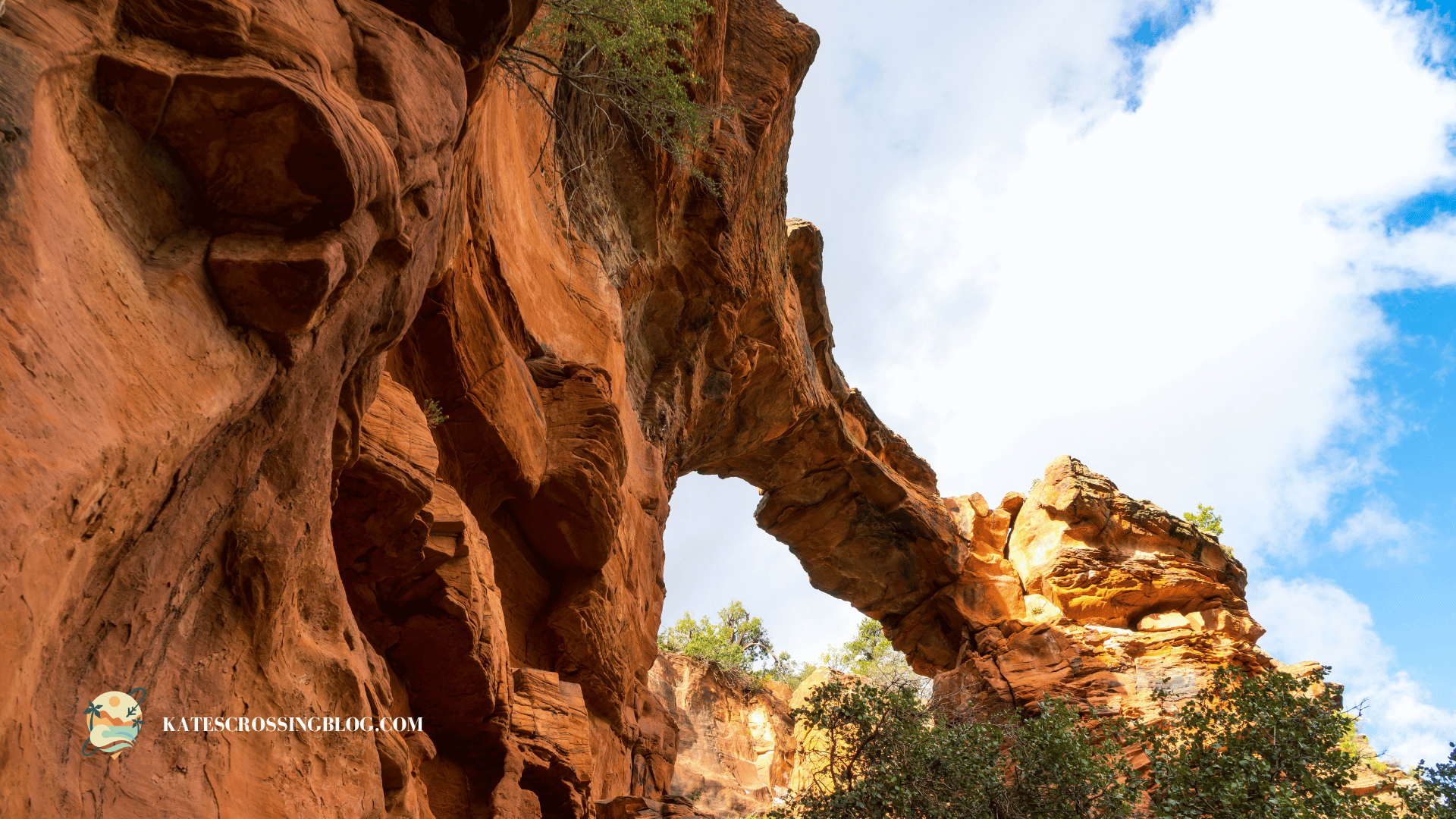 A close-up view of Devil's Bridge in Sedona, highlighting the intricate rock formations and vibrant red sandstone against a backdrop of a partly cloudy sky.