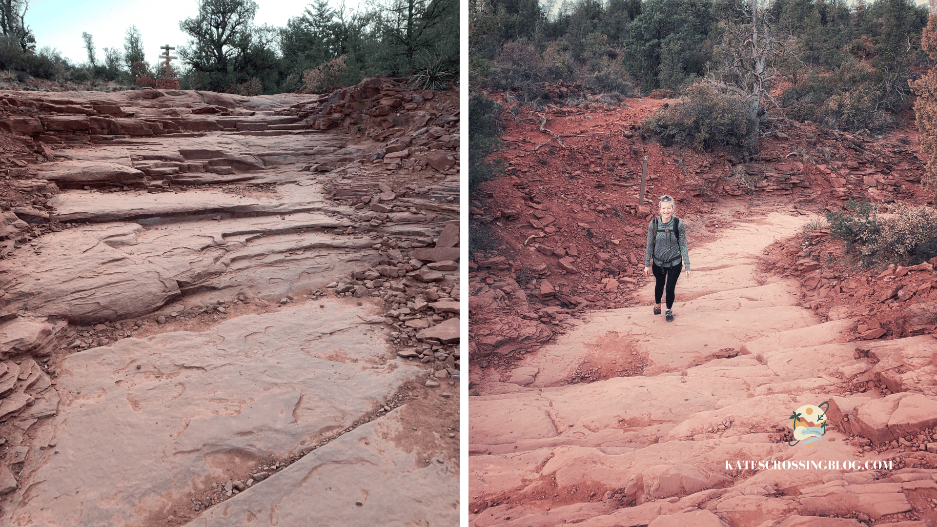 On the left, rocky steps leading up to Devil's Bridge; on the right, Kate hiking up a red dirt path surrounded by desert vegetation in Sedona, Arizona.