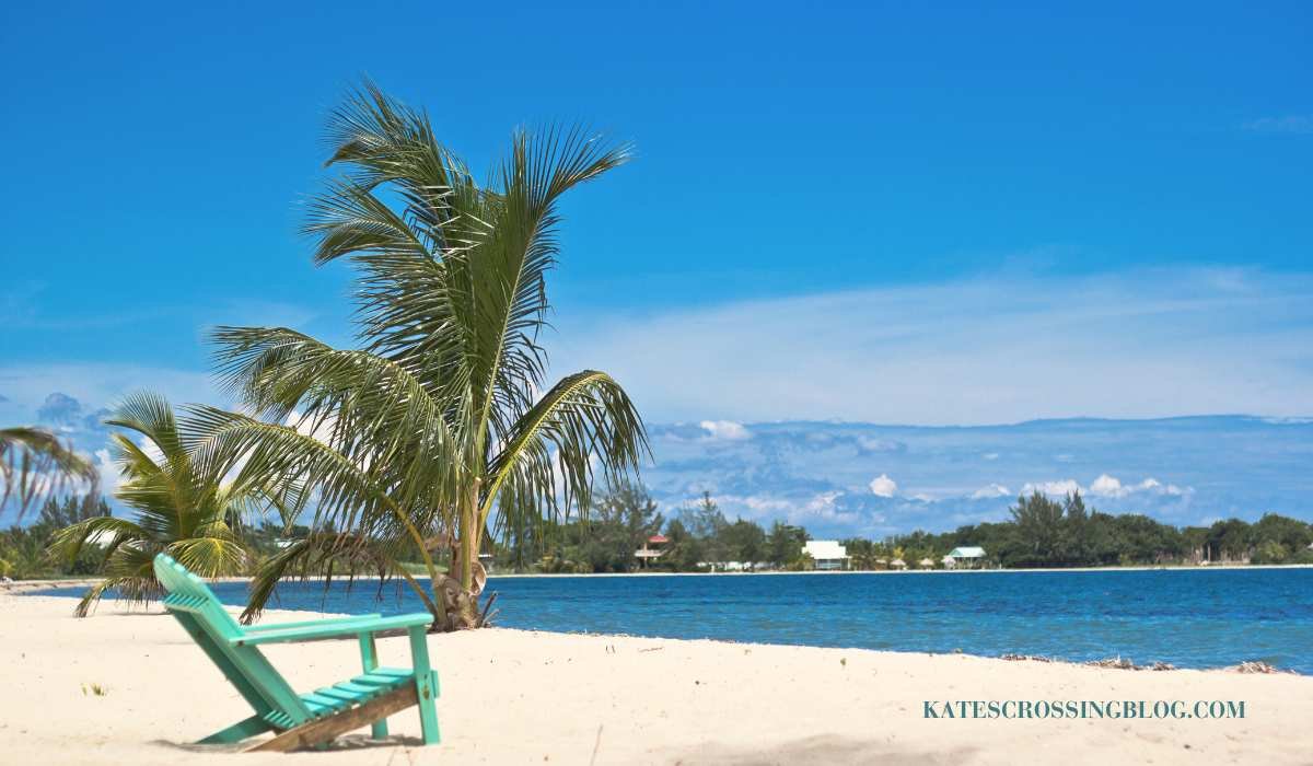 white sandy beach of Placencia with a turquoise beach chair and palm trees along the shore. Its a clear blue sky day.