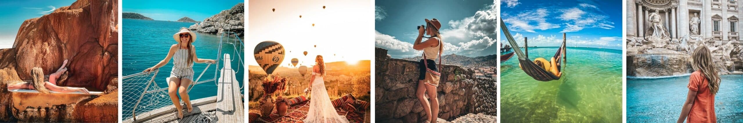 A photo collage on Kate's Crossing Blog showcasing various travel moments: relaxing on a red rock, posing on a boat, watching hot air balloons at sunrise, sightseeing with binoculars, swinging over clear turquoise water, and admiring the Trevi Fountain.