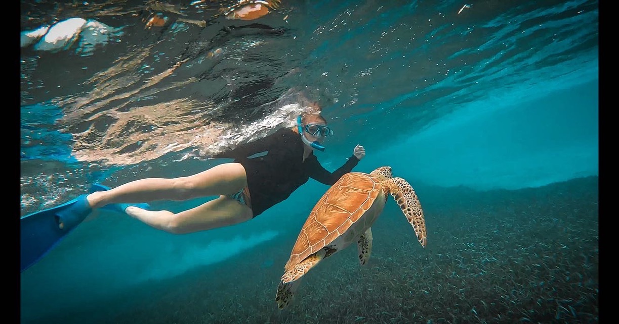 Kate snorkeling underwater with a sea turtle in the clear waters of Belize.