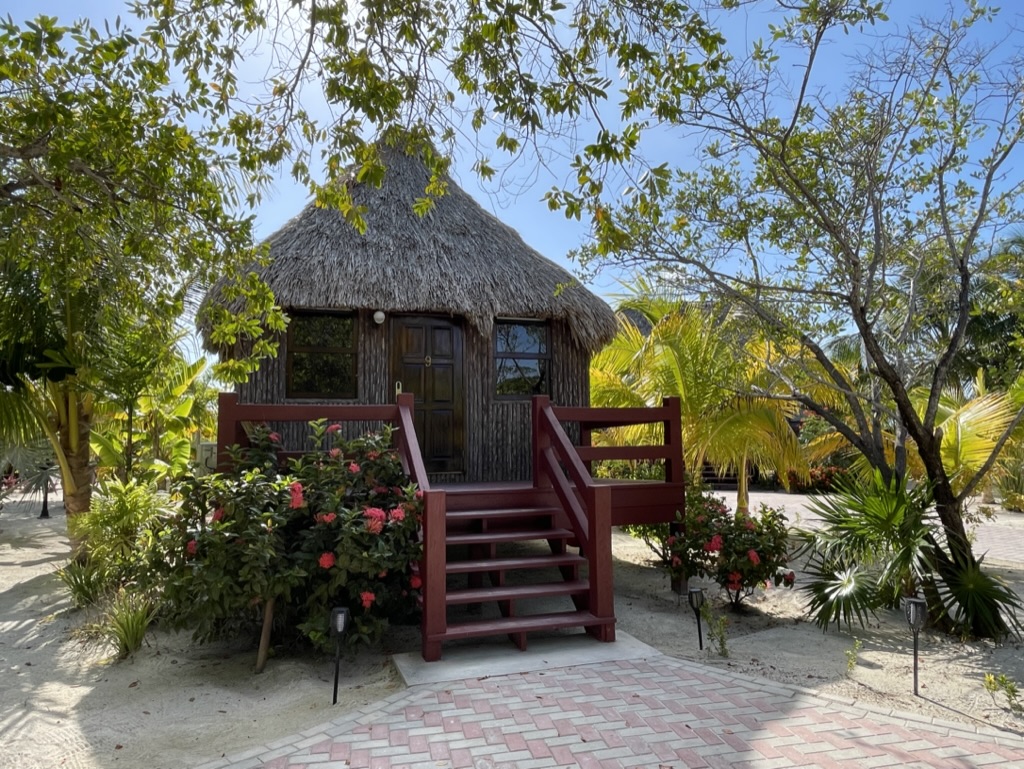 A thatched-roof bungalow surrounded by lush greenery and vibrant flowers in Belize, showcasing ideal accommodation for a Belize trip.