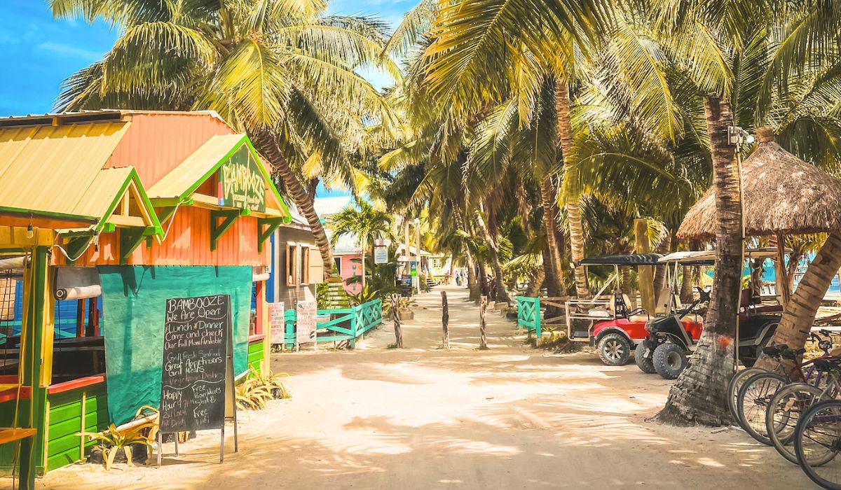 A vibrant, sandy street in Caye Caulker lined with palm trees, colorful buildings, and golf carts. The photo features the Bambooze restaurant with a chalkboard sign advertising lunch, dinner, happy hour, and free snacks.