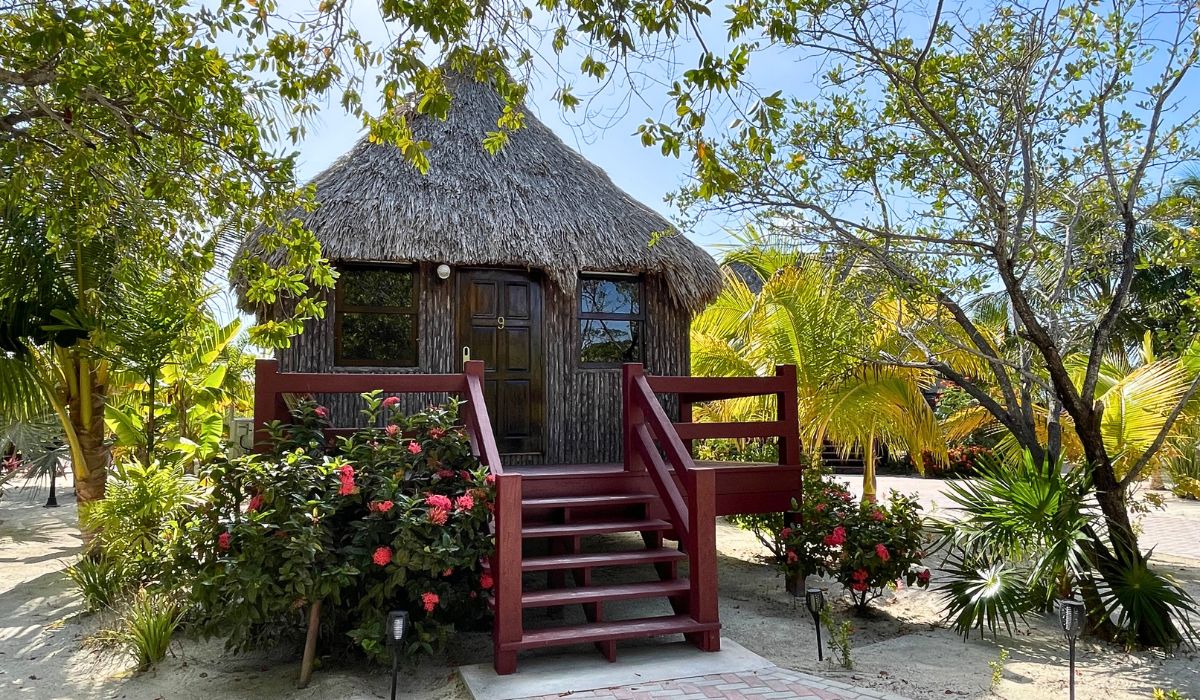 A charming cabana at El Ben Cabanas on Caye Caulker, Belize, featuring a thatched roof and surrounded by lush tropical plants and flowers. The cabana has a wooden porch with stairs leading up to the entrance.