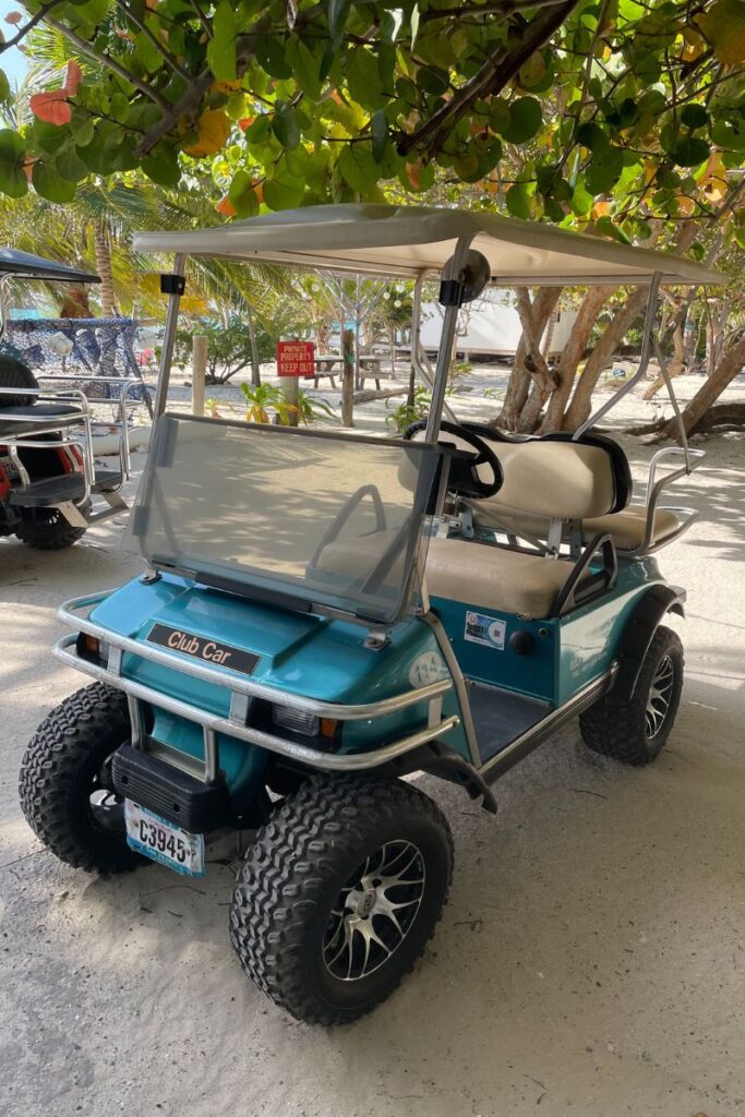 A teal golf cart parked on a sandy path under the shade of trees in Belize.