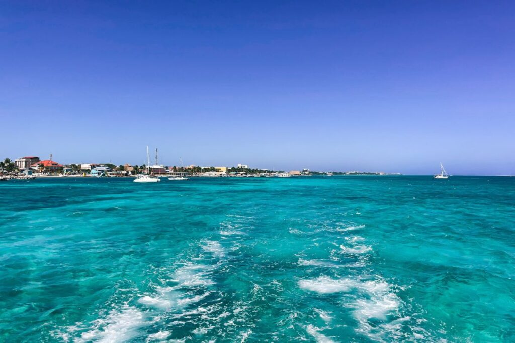 iew from a water taxi in Belize, showing the vibrant turquoise waters and the coastline with buildings and boats under a clear blue sky.