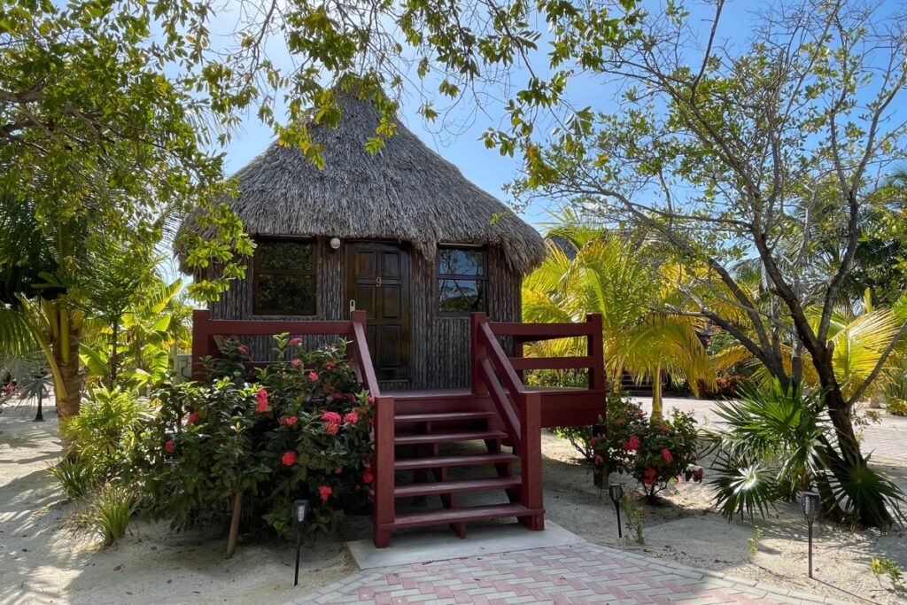 A charming thatched-roof cabin at El Ben Cabanas in Belize, surrounded by lush greenery and vibrant flowers.