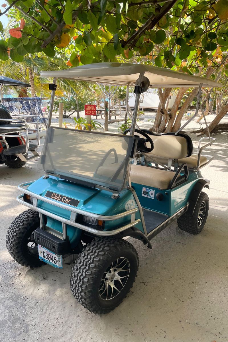 A teal-colored golf cart parked under trees in Ambergris Caye, Belize. The cart has a windshield and cushioned seats.