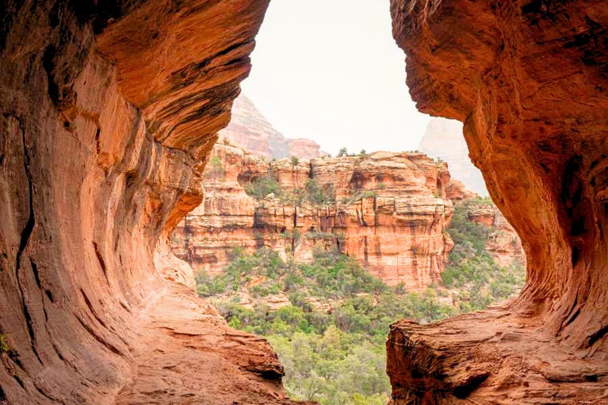 View from inside the Subway Cave in Sedona, showcasing the stunning red rock formations and greenery outside.