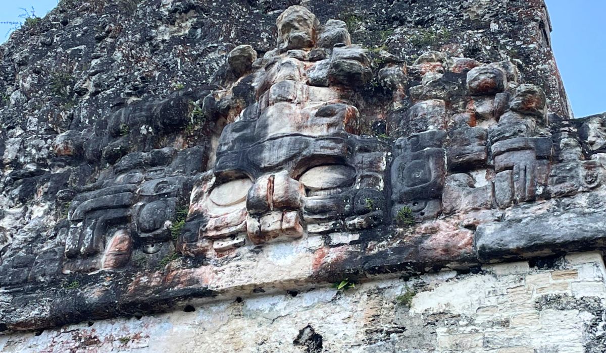 The image shows a close-up of an intricately carved stone mask on the side of a Mayan structure in Tikal. The carving features a large, stylized face with prominent eyes and mouth, surrounded by ornate details that have weathered over time. The stone surface is darkened with age, and patches of vegetation are visible growing in the crevices.