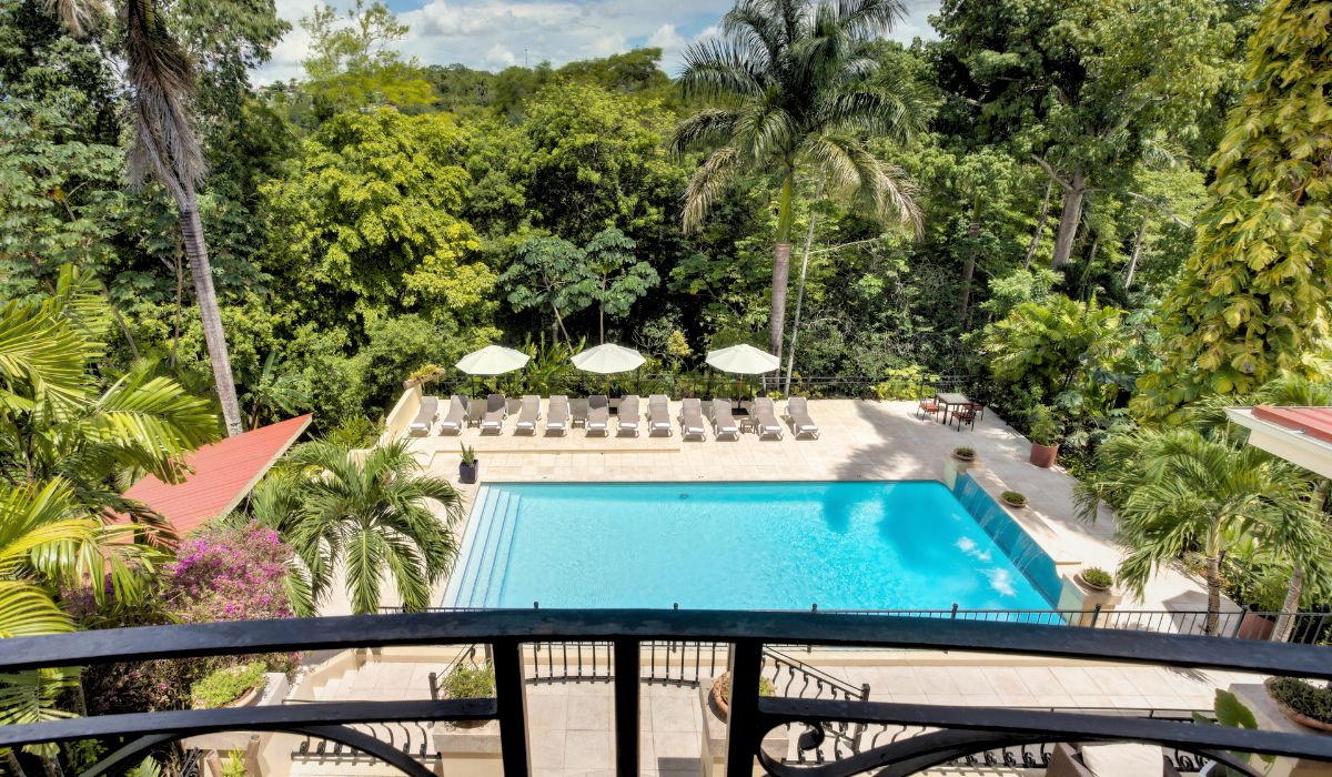 The image shows a luxurious swimming pool surrounded by sun loungers and large umbrellas, nestled in a tropical jungle setting. The pool area is bordered by lush greenery and tall palm trees, providing a tranquil escape. 