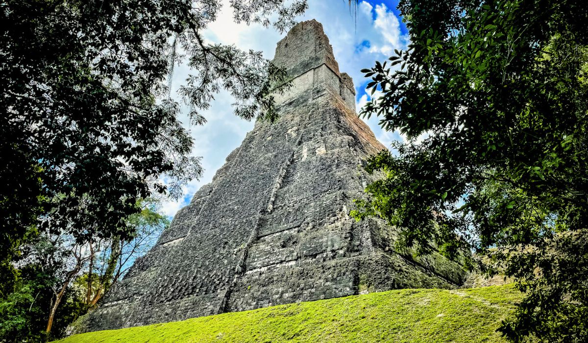 The image shows a towering ancient Mayan pyramid at Tikal, viewed from below and framed by lush green trees. The stone structure rises sharply against a partly cloudy sky, its steep sides leading up to a partially restored upper section. The surrounding greenery and the angle of the shot emphasize the grandeur and scale of the pyramid.