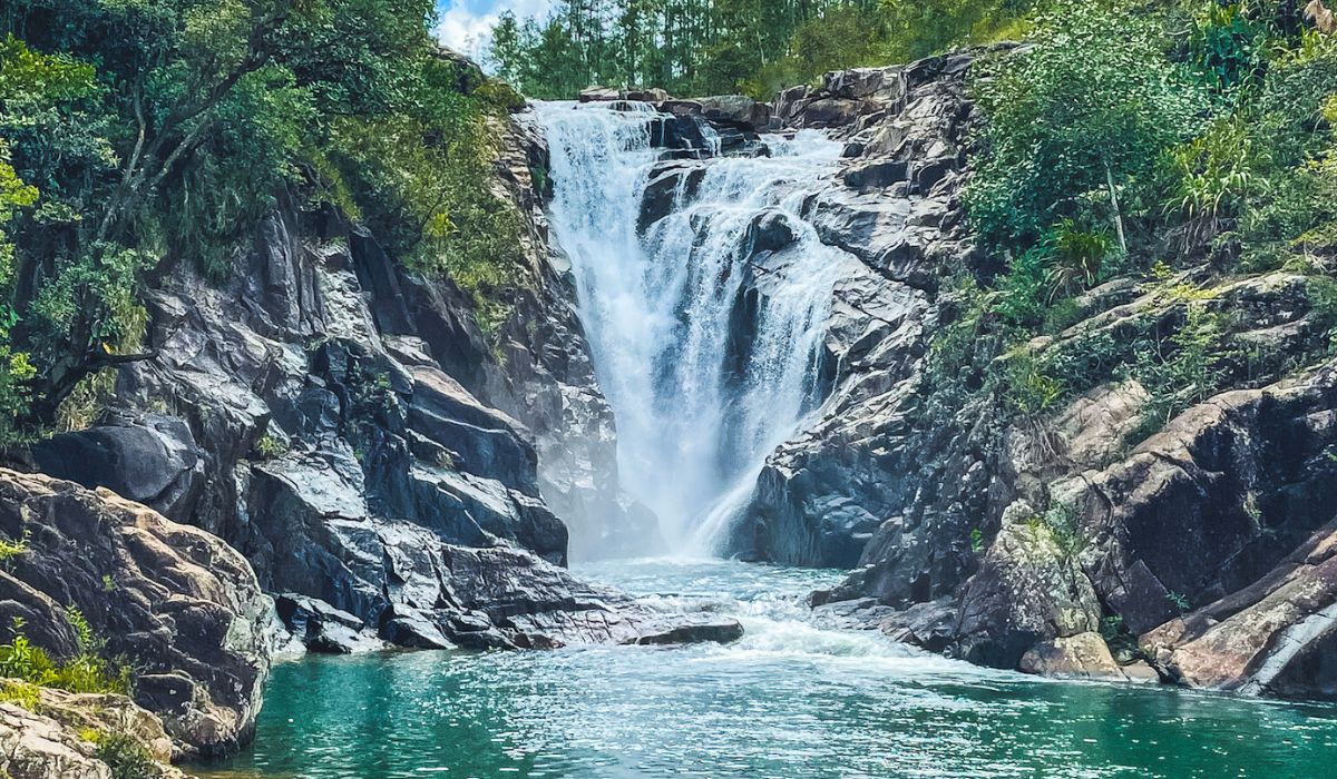 A picturesque waterfall cascades down rocky cliffs into a clear pool of water, surrounded by lush greenery in the Belizean jungle.