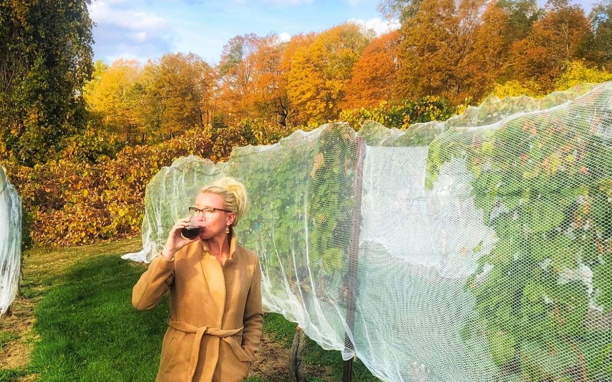 Kate enjoys a glass of red wine in a vineyard during autumn, with rows of grapevines covered in netting and colorful fall foliage in the background.