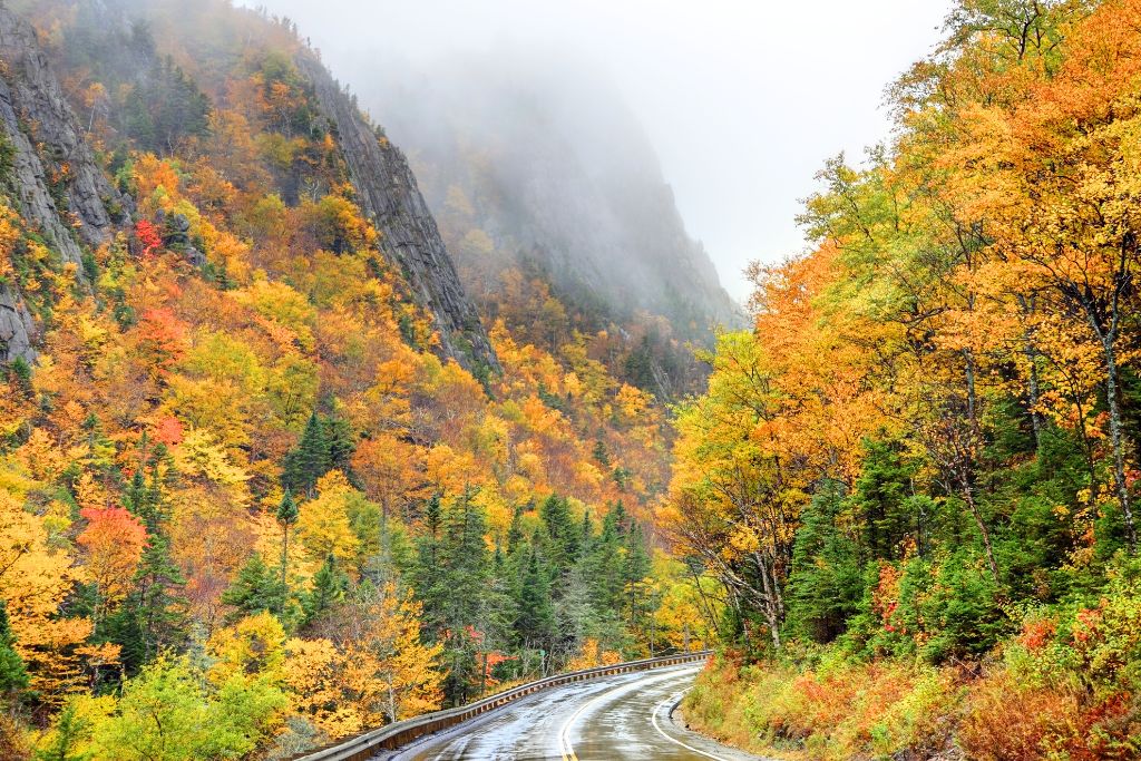 Scenic view of the White Mountains in New Hampshire during peak fall foliage, with vibrant orange, yellow, and red leaves covering the trees. A winding, wet road leads through the colorful landscape, with misty clouds partially obscuring the rocky mountains in the background, captured on a fall day trip from Boston.