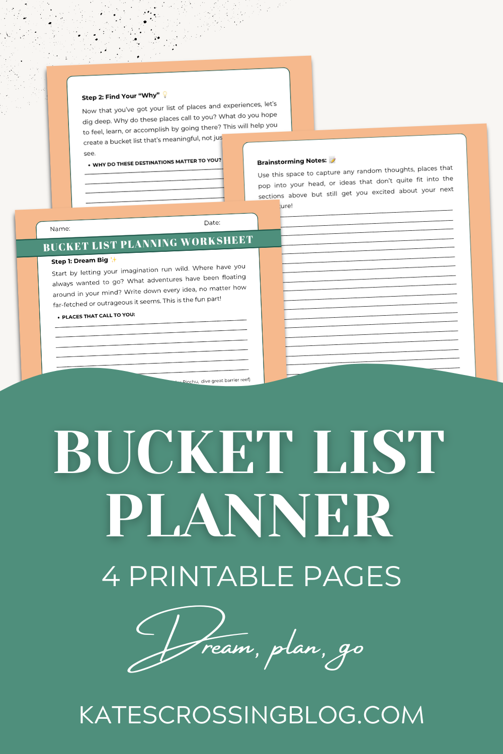 This image features promotional content for a "Bucket List Planner" with four printable pages. The top half displays sample sections of the planner, including worksheets titled "Step 1: Dream Big" and "Step 2: Find Your Why," prompting users to brainstorm travel destinations and reflect on their significance. The bottom half contains the main title, "Bucket List Planner," followed by the text "4 Printable Pages" and the phrase "Dream, plan, go." The URL "katescrossingblog.com" is listed at the bottom.