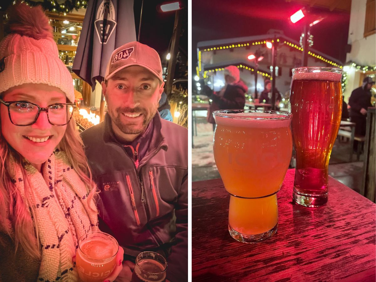 The image features two scenes from Icicle Brewing Company in Leavenworth, Washington. On the left, Kate from Kate's Crossing blog and a companion are smiling, enjoying beers outdoors, warmly dressed in winter clothing. The setting is cozy and festive, with holiday lights and heaters adding warmth to the atmosphere. On the right, two glasses of beer—one light and hazy, the other a deep amber—are placed on a wooden table, illuminated by the soft red glow of outdoor lighting. Both images capture the relaxed, festive ambiance of enjoying craft brews in a winter setting.