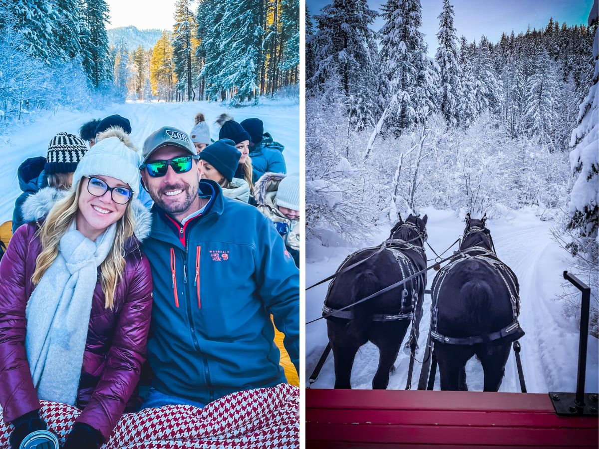 The image captures two moments from a Leavenworth sleigh ride. On the left, Kate from Kate's Crossing blog and her companion are seated on the sleigh, smiling and bundled up in winter gear, with a cozy blanket on their laps. Behind them, other riders are also enjoying the snowy adventure. On the right, the view from the sleigh shows two black horses pulling it through a stunning snow-covered forest, with frosty trees and a peaceful winter landscape stretching ahead. These images capture the serene and festive experience of a winter sleigh ride in Leavenworth.