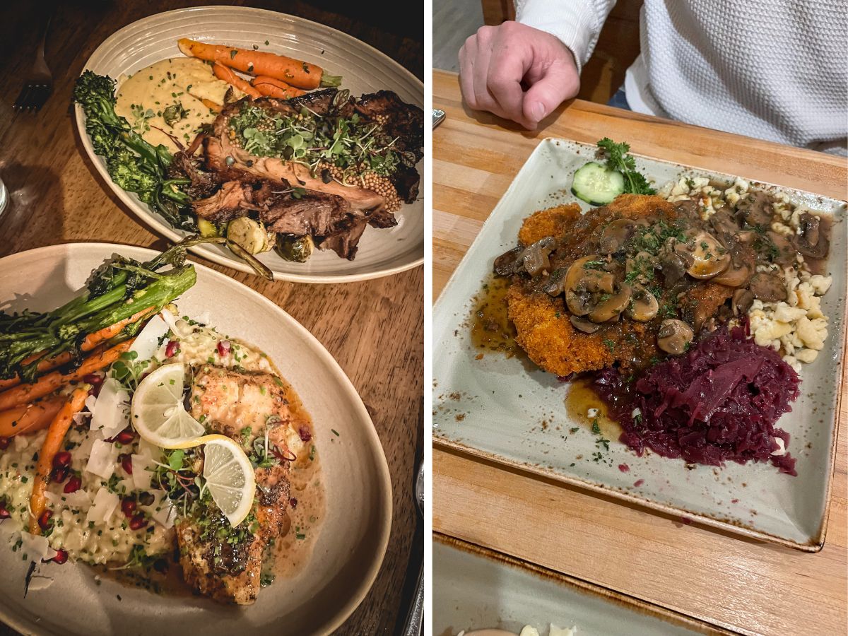 The image showcases two delicious meals from different restaurants in Leavenworth, Washington. On the left, a dish from Larch Restaurant features beautifully plated roasted vegetables, mashed potatoes, and tender cuts of meat garnished with microgreens. The dish is colorful with vibrant roasted carrots, broccolini, and lemon slices on top of what appears to be a creamy sauce. On the right, a hearty meal from Andreas Keller includes a crispy schnitzel topped with mushrooms in a rich gravy, served with a side of red cabbage and spaetzle, offering a traditional Bavarian dining experience. Both dishes highlight the diverse culinary scene of Leavenworth.