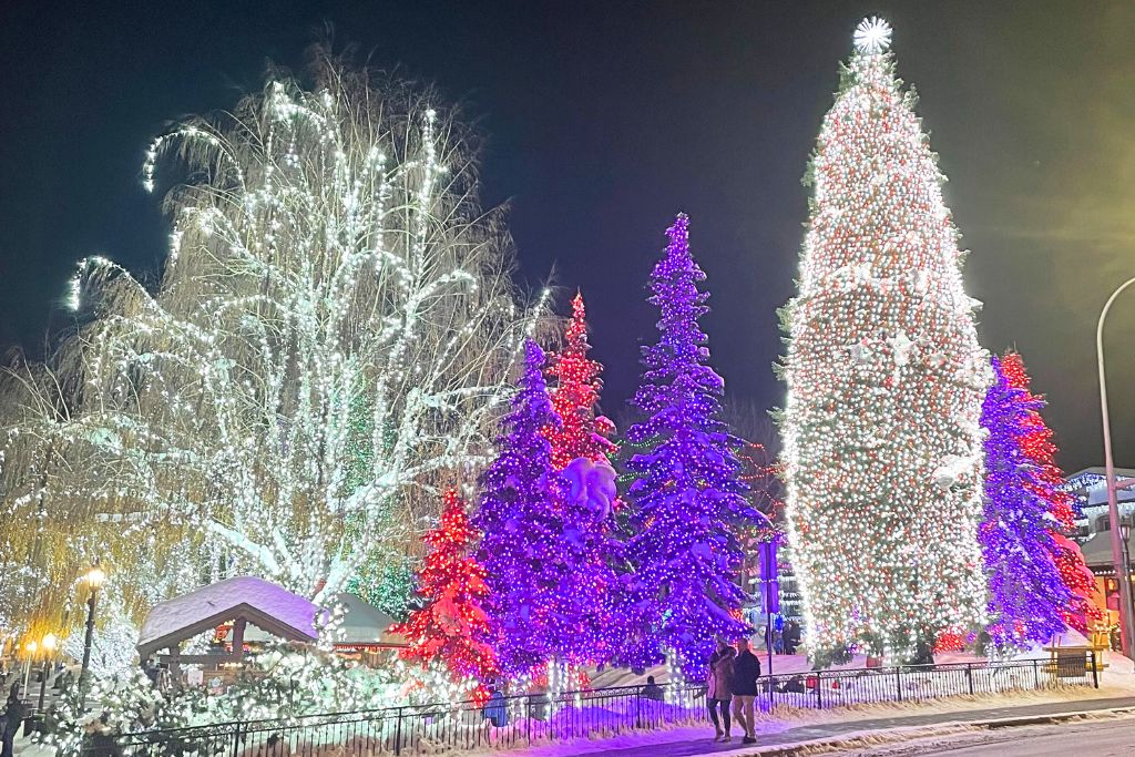 A stunning nighttime display of Christmas lights in Leavenworth, with towering trees wrapped in colorful lights—red, purple, and white—illuminating the snowy scene. The vibrant colors and festive decorations create a magical holiday atmosphere. 