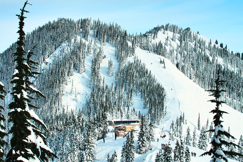  A snowy mountain landscape with a ski lodge nestled at the base, surrounded by tall, snow-covered evergreen trees. Skiers can be seen making their way down the slopes under a clear blue sky.