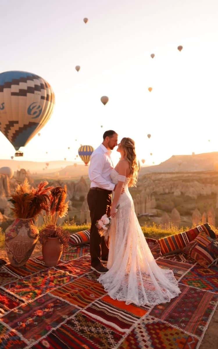 Kate and her husband stand on a colorful Turkish rug in Cappadocia at sunrise, sharing a romantic kiss as hot air balloons rise into the sky. The bride wears a flowing lace gown and holds a bouquet, while the groom is dressed in a crisp white shirt and dark pants. The golden light and scenic landscape create a dreamy, intimate atmosphere.