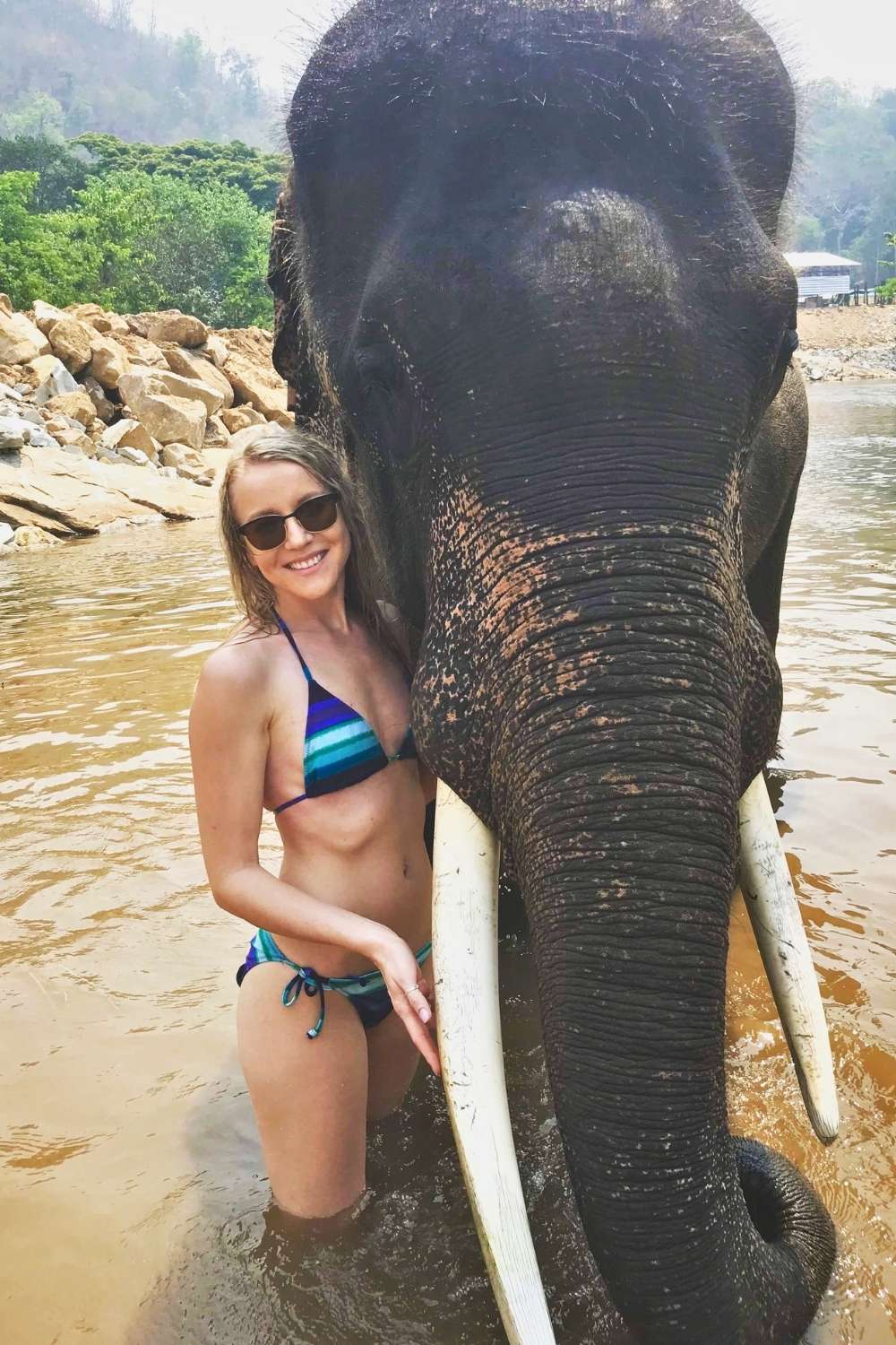 This image shows Kate standing in a river in Thailand alongside a majestic elephant with striking ivory tusks. The individual, dressed in a striped bikini, smiles warmly while gently holding the elephant's tusk. The background features lush greenery and rocky terrain, highlighting the natural setting.