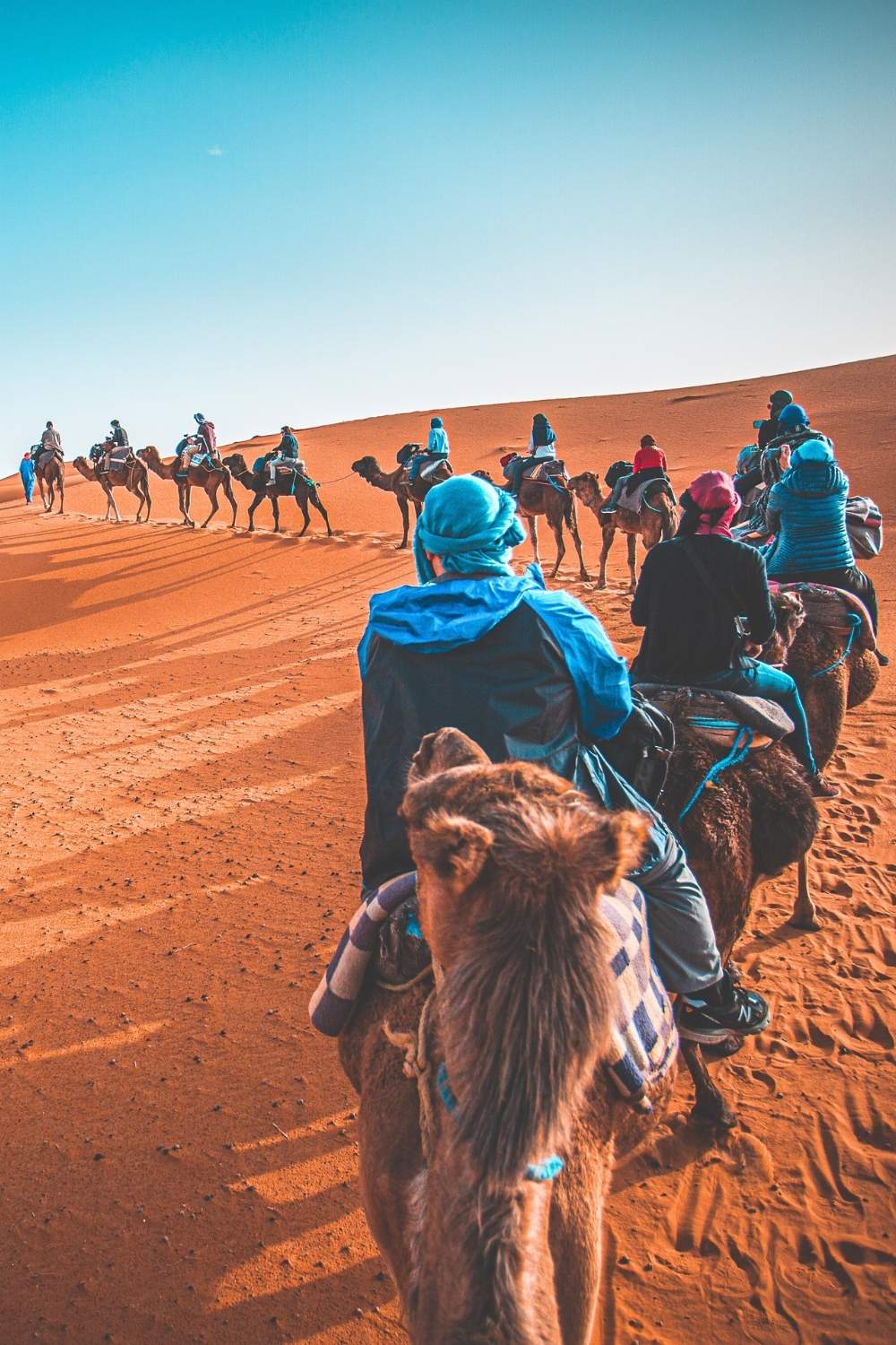 This image captures a camel caravan trekking through the golden sand dunes of Morocco under a clear blue sky. The riders, dressed in traditional and modern attire, follow one another in a single file.