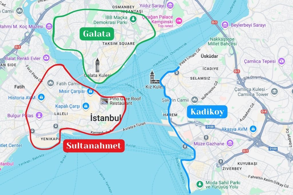 This map illustrates key neighborhoods in Istanbul, marked with colorful boundaries: Galata (green), Sultanahmet (red), and Kadikoy (blue). It highlights landmarks like the Galata Tower, Kapalı Çarşı (Grand Bazaar), and Kız Kulesi (Maiden's Tower), offering a visual guide to prominent areas of interest for exploring the city's rich history and culture.