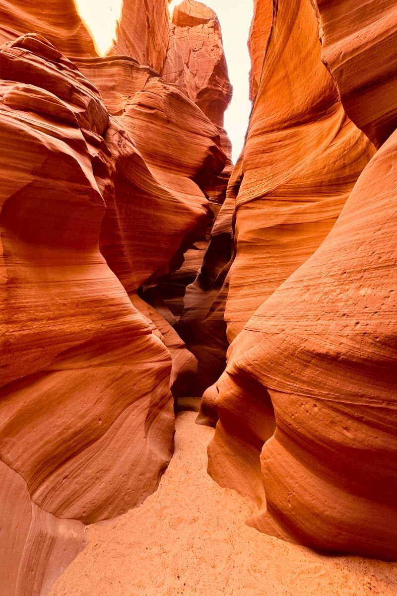 A narrow, sandy trail winds through the glowing red and orange walls of Canyon X near Page, Arizona, with smooth, layered rock formations curving toward the sky.