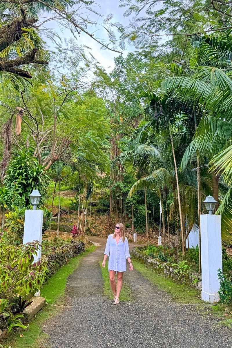 Kate in a light dress walking down a tropical garden path lined with lush greenery and palm trees, with white pillars marking the entrance.