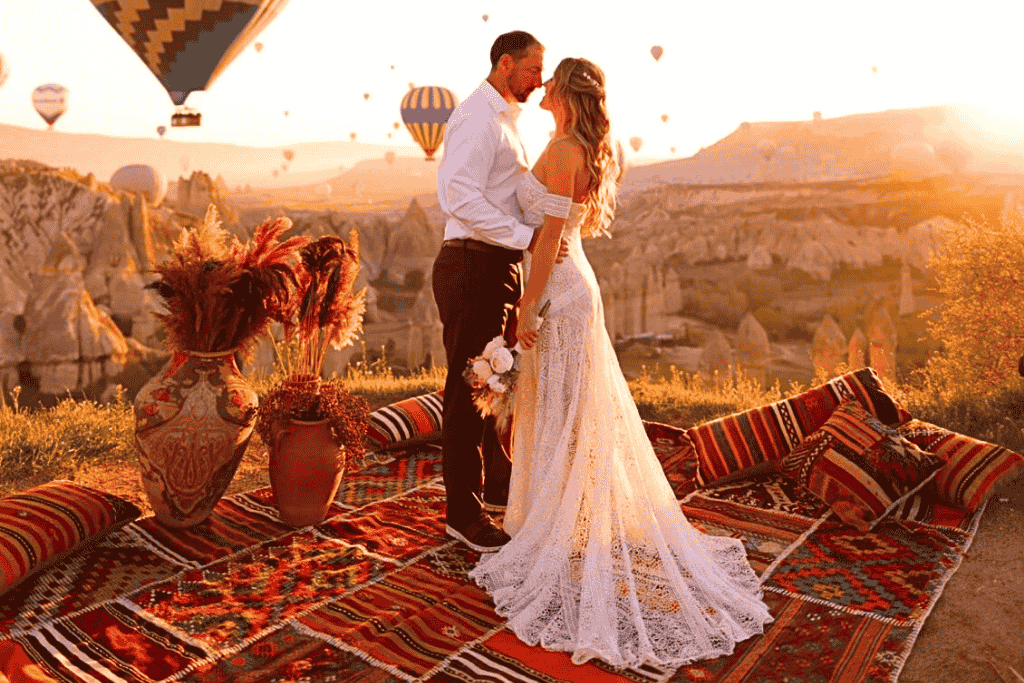 Kate and her husband share a romantic kiss at sunrise in Cappadocia, surrounded by colorful rugs, pottery, and floating hot air balloons in the golden sky.