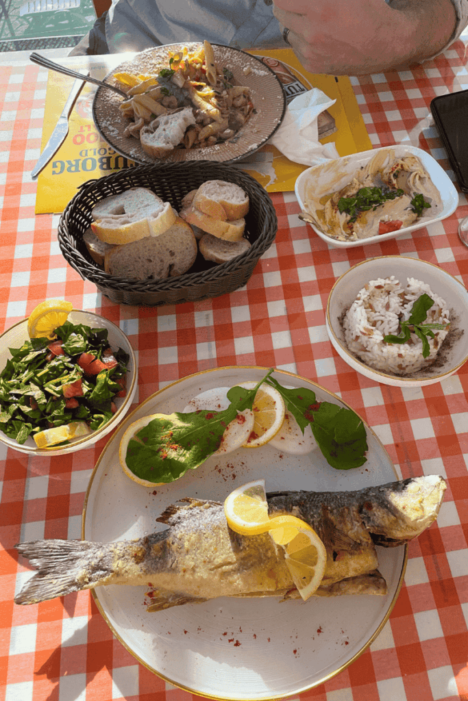 Traditional Turkish meal on a checkered table with grilled fish, salad, rice, and bread.