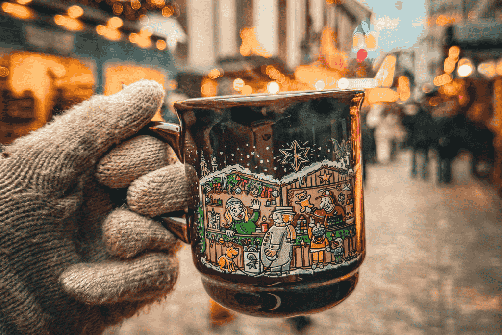 A gloved hand holds a festive Christmas market mug decorated with cheerful cartoon scenes of holiday stalls, set against a warmly lit cobblestone street bustling with shoppers.