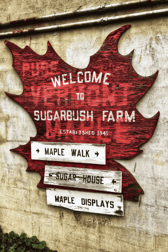 A weathered red maple leaf sign at Sugarbush Farm directs visitors to the Maple Walk, Sugar House, and Maple Displays.