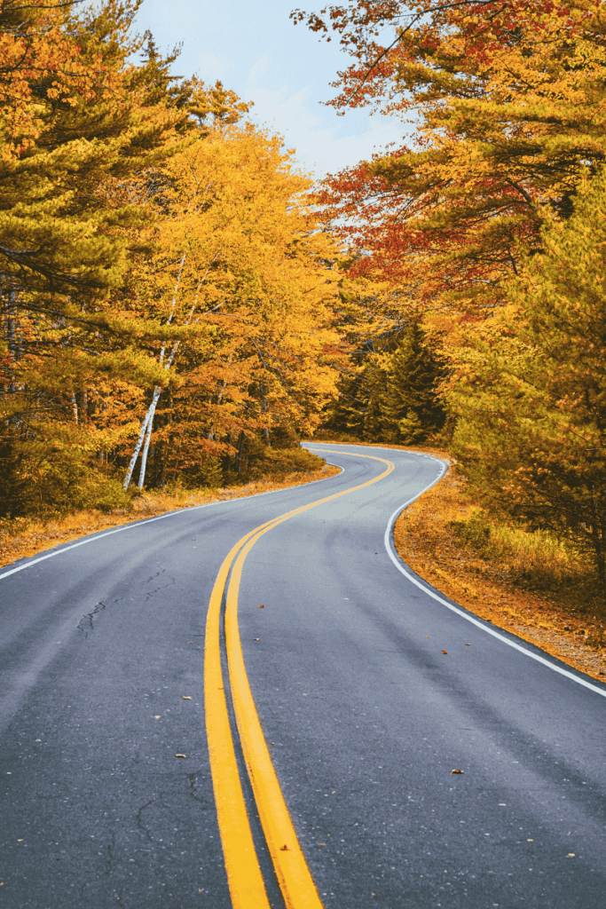 A winding two-lane road curves through a vibrant autumn forest in Vermont, with golden, orange, and red foliage lining both sides under a soft blue sky.
