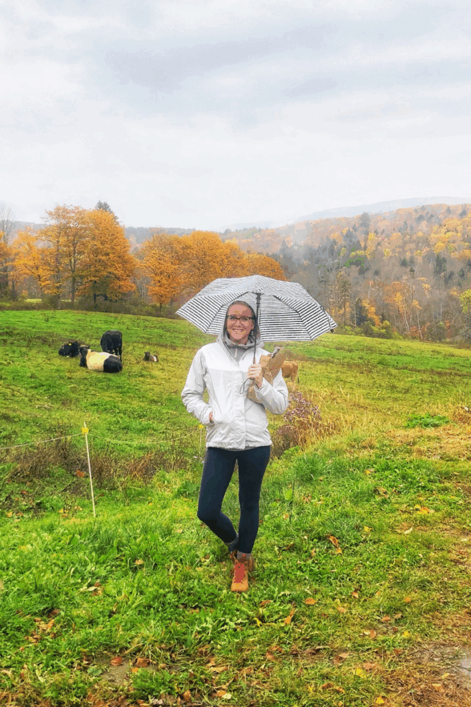Kate holds a striped umbrella on a rainy day in a green pasture with grazing cows and colorful fall trees in the background.