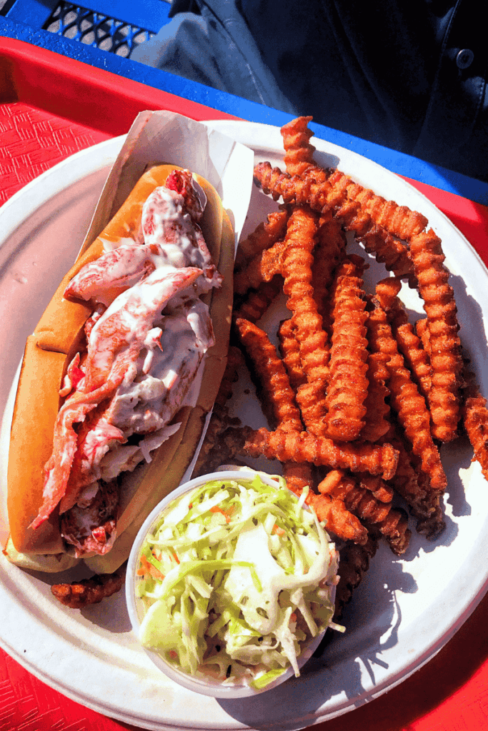 Classic New England lobster roll topped with mayo, served with crispy crinkle-cut fries and a side of creamy coleslaw on a paper plate.